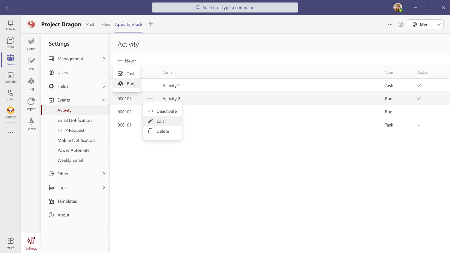 eTask Microsoft Teams Activity
