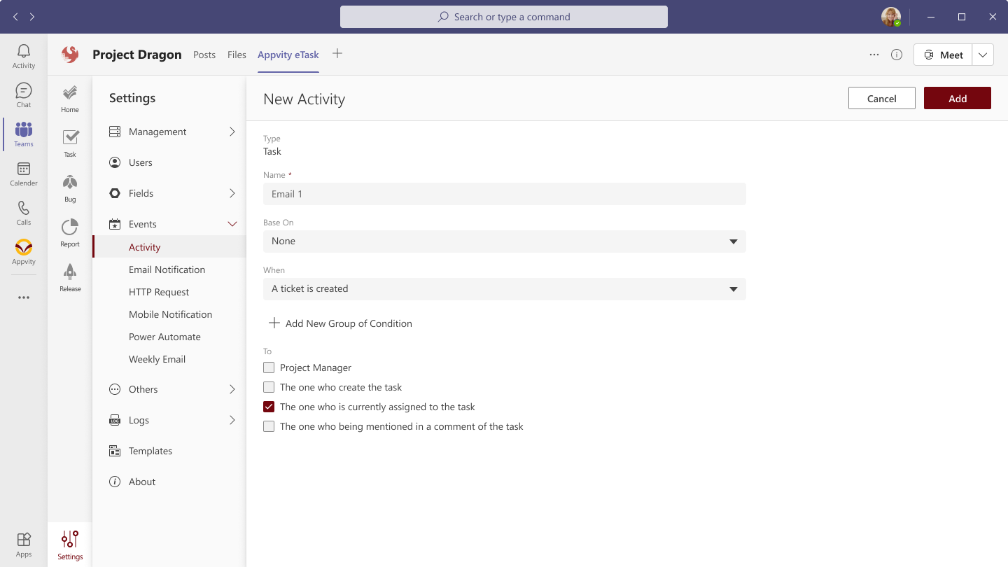 eTask Microsoft Teams Activity