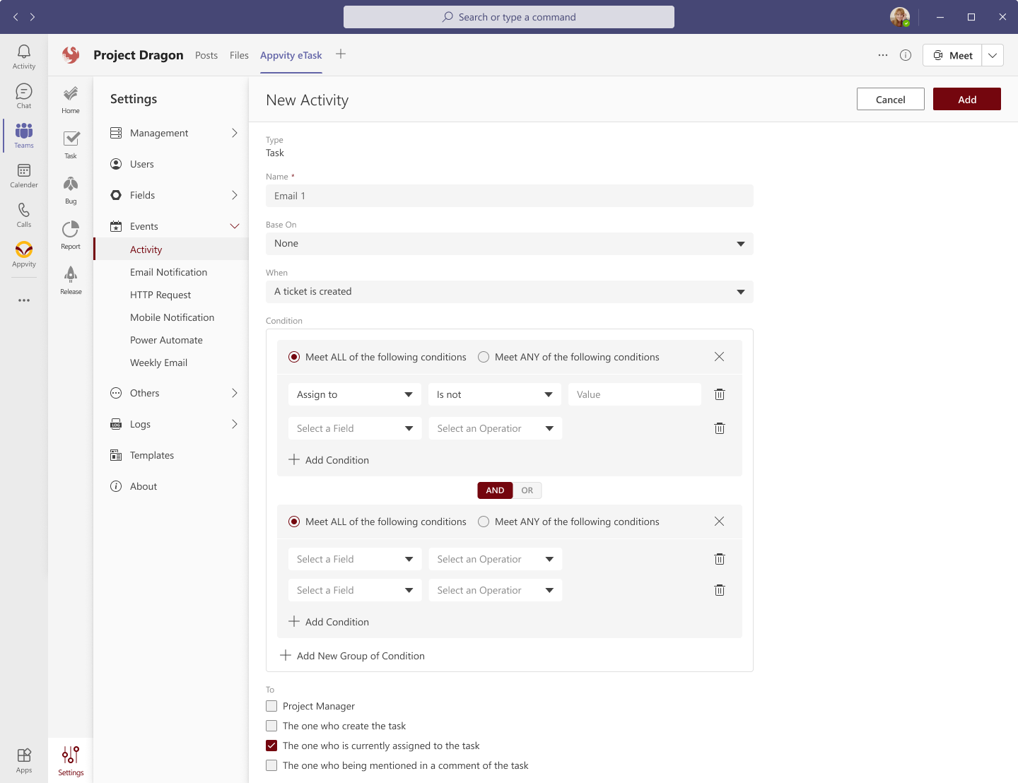 eTask Microsoft Teams Activity