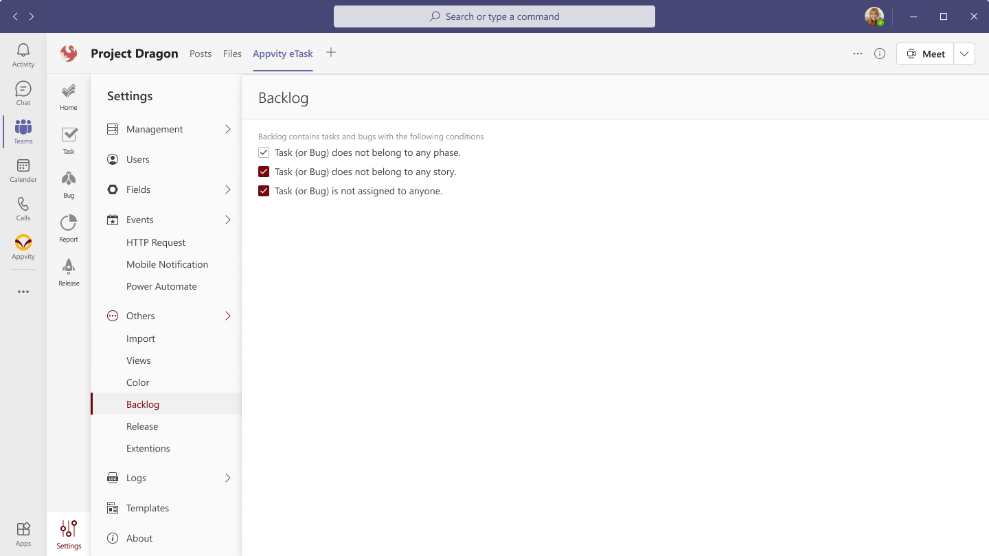 eTask Backlog Settings