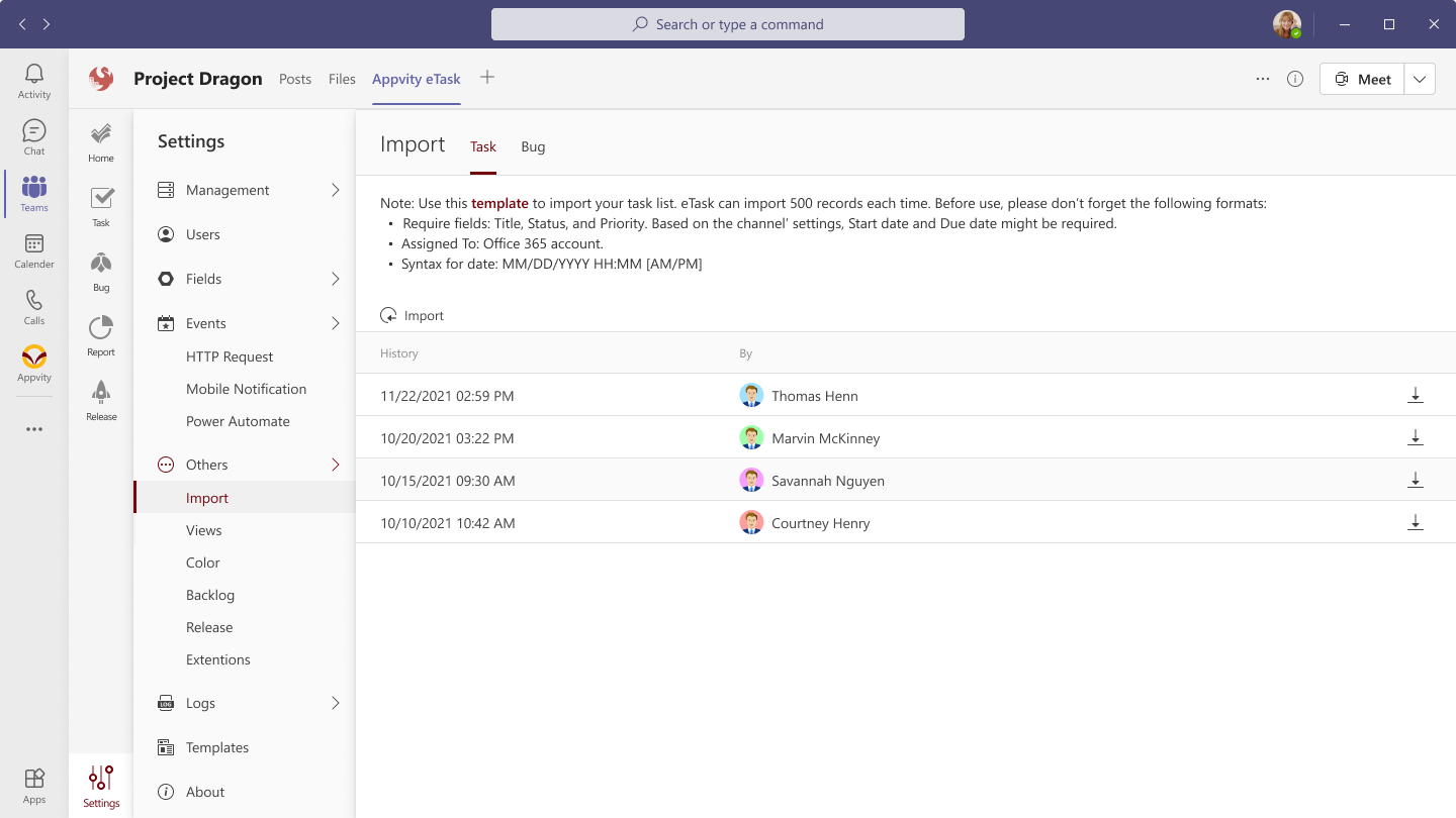 eTask Import task bug