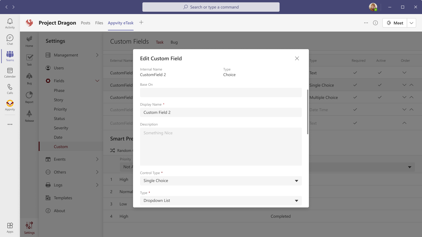 eTask Custom Fields